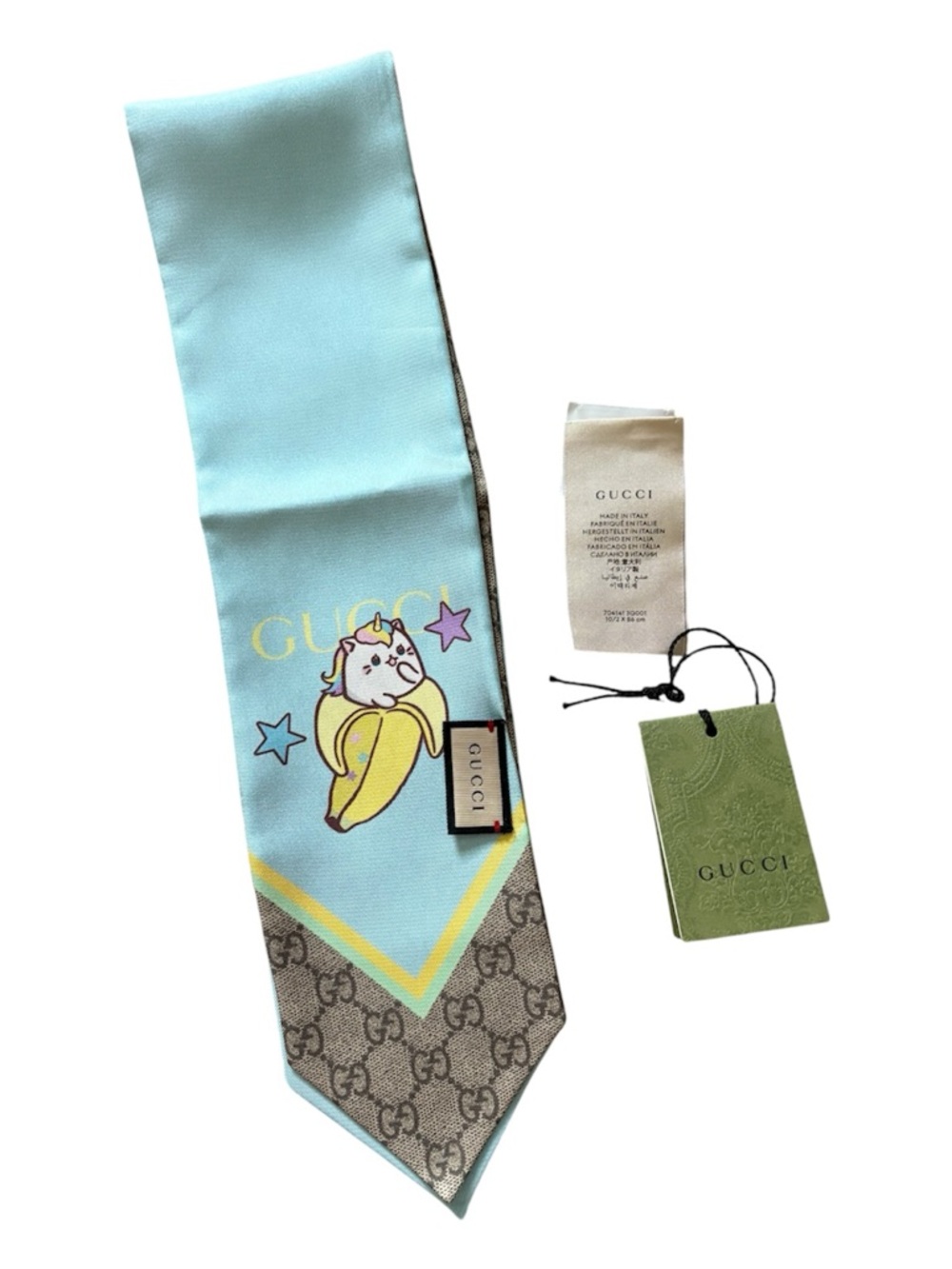 Gucci Brown & Light Blue Silk Monogram Scarf with Banana Graphic - Picture 6 of 13
